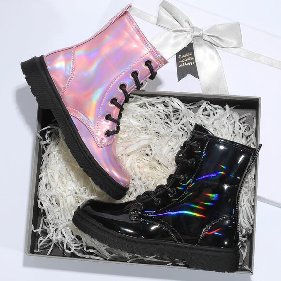 🆕Girls Pink Rubber Ankle Side Zipper Lace Up Stylish Comfort Glitter Boots - Picture 7 of 7